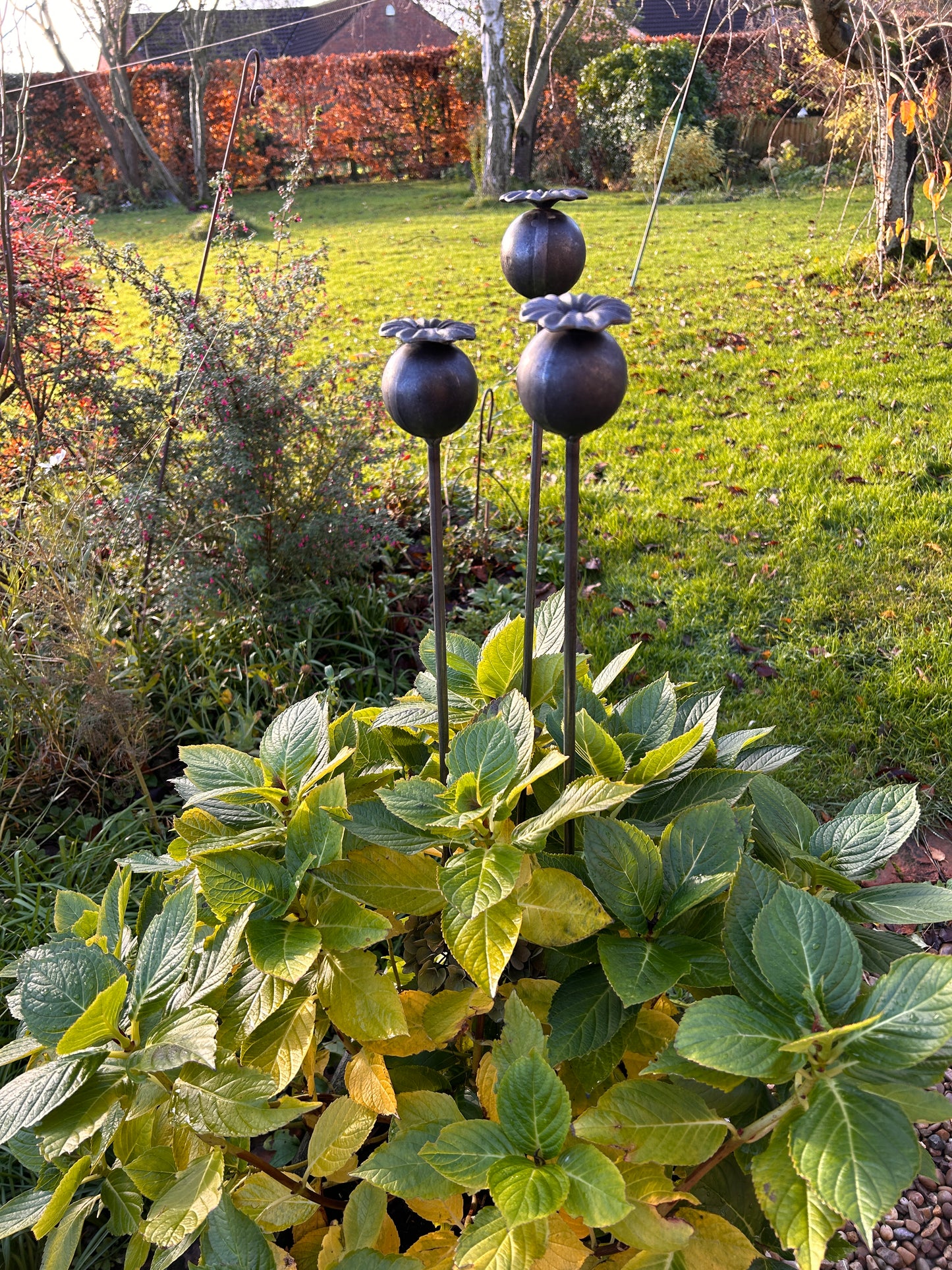 3 RUSTY GARDEN METAL POPPY SEED HEADS PLANT SUPPORTS