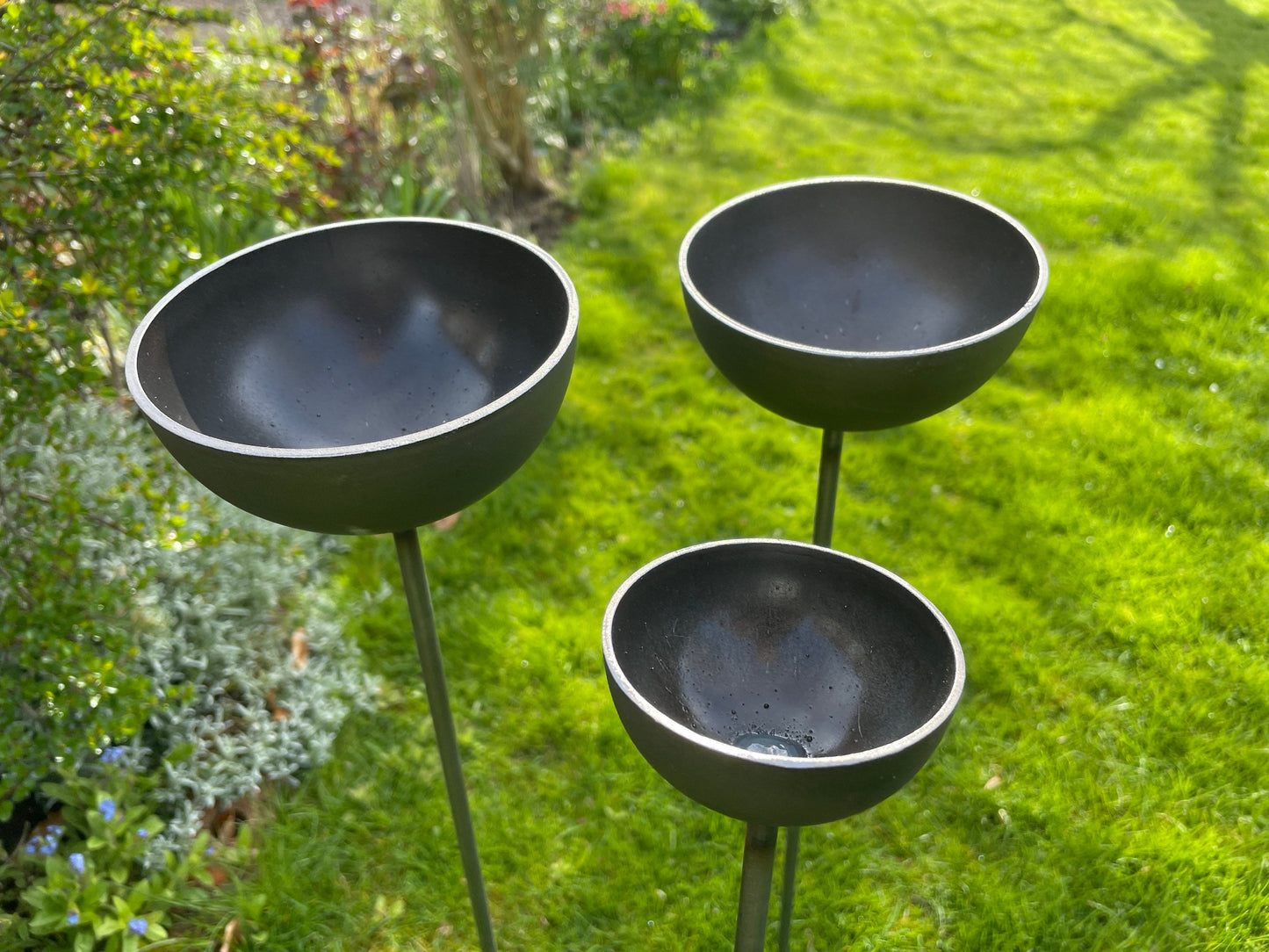 Trio Rain catchers 2 large 1 medium plant supports / bird feeders/trio Rusty