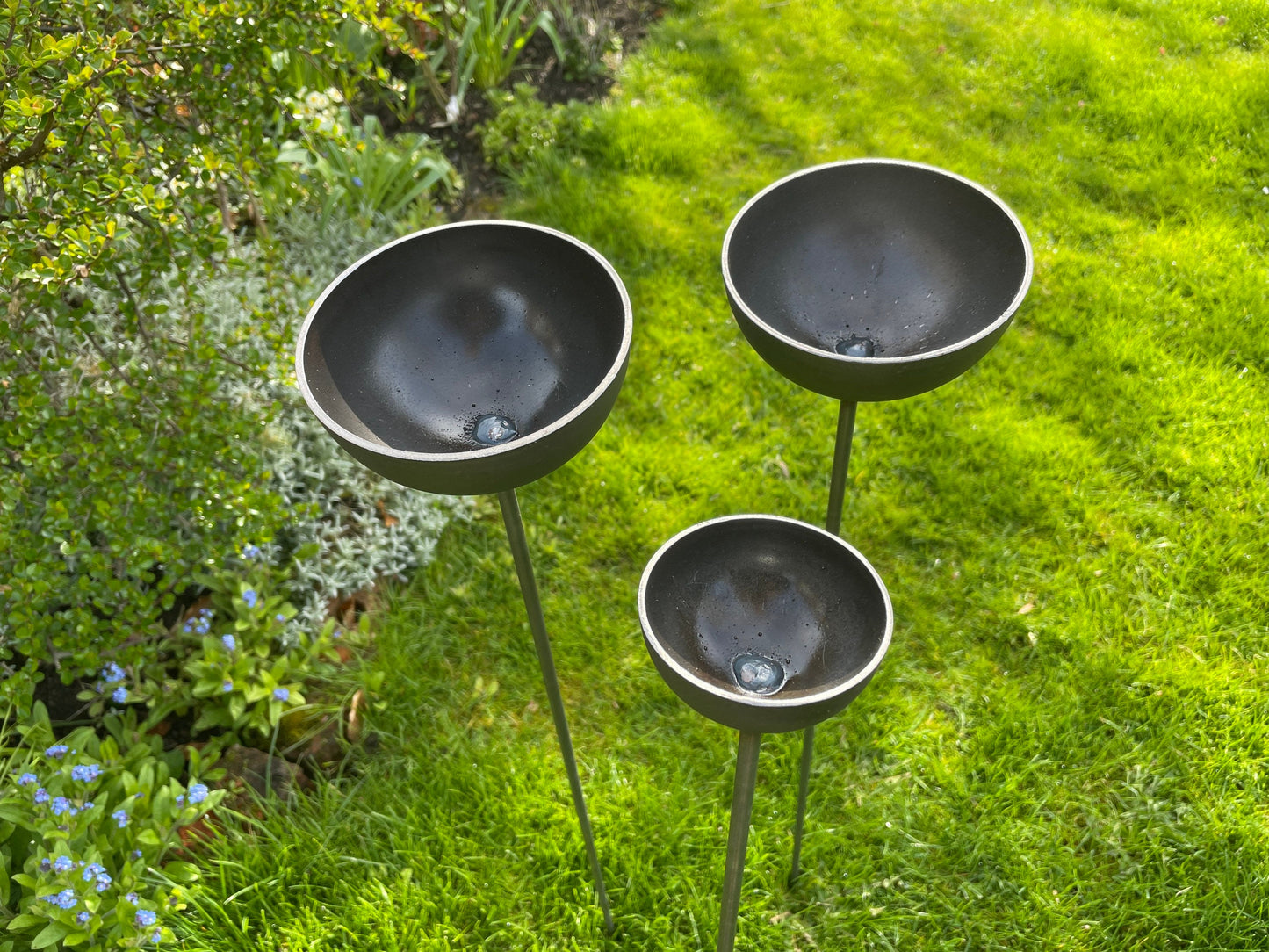 Trio Rain catchers 2  large 1 medium plant supports /  bird feeders/trio Rusty