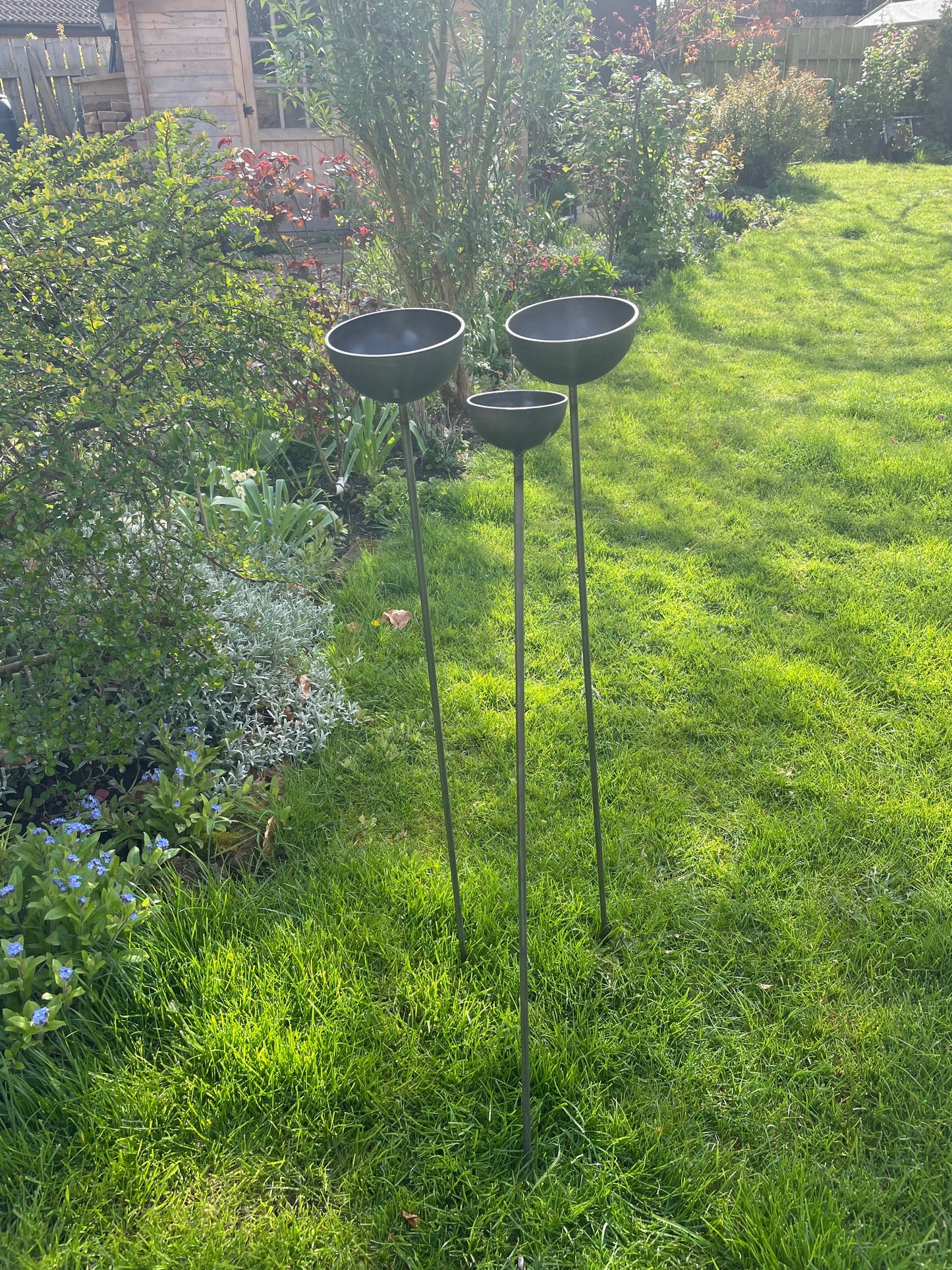 Trio Rain catchers 2  large 1 medium plant supports /  bird feeders/trio Rusty